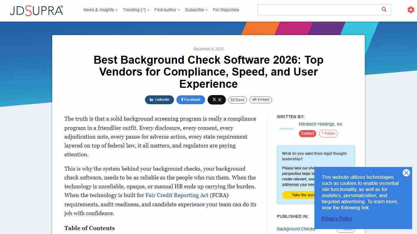 Best Background Check Software 2026: Top Vendors for Compliance, Speed, and User Experience | Mitratech Holdings, Inc - JDSupra
